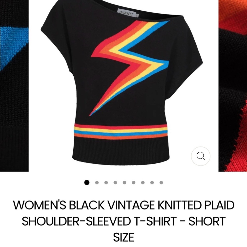 Off-the-Shoulder Black Sweater with Colorful Lightning Bolt
